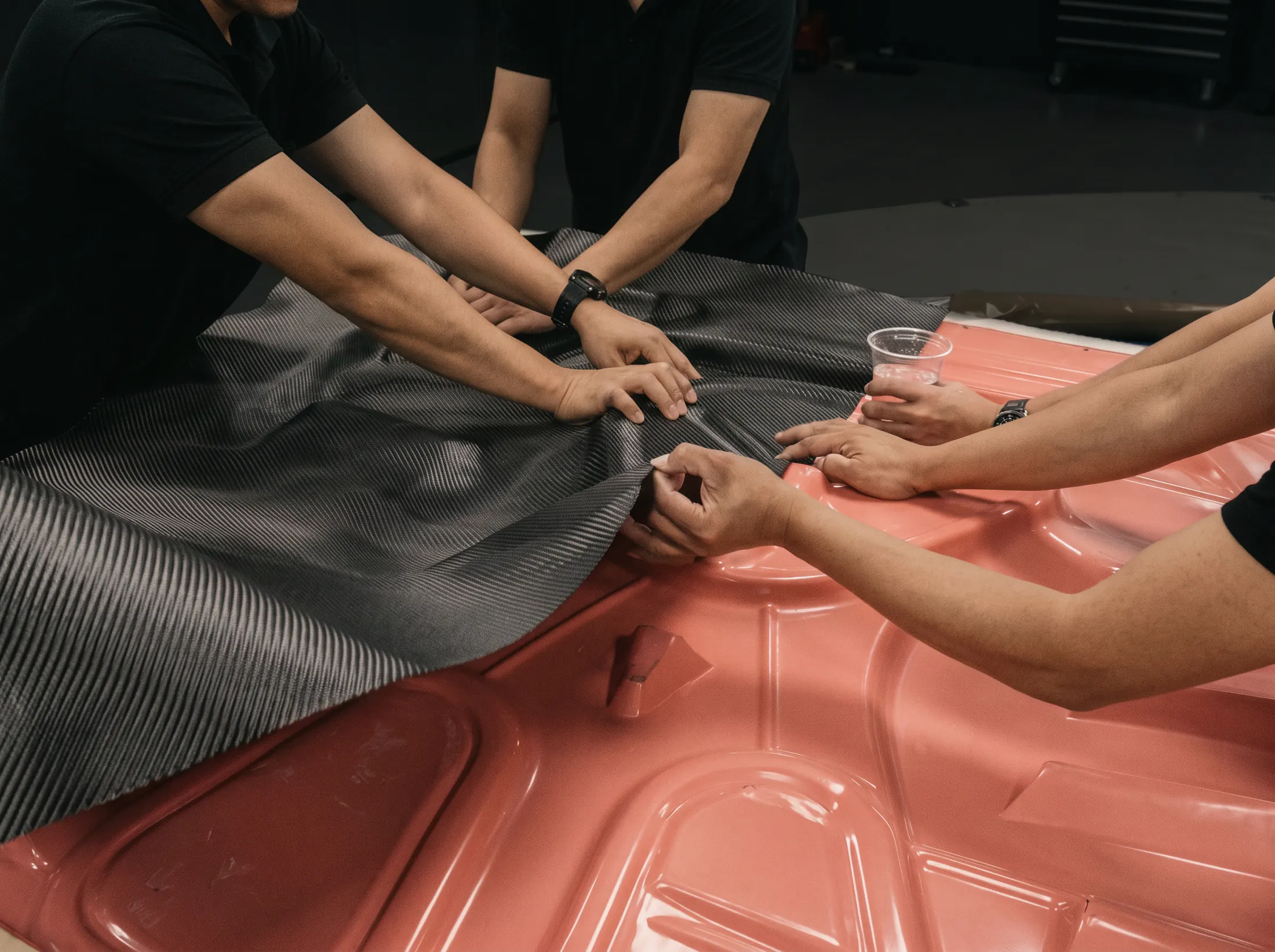 Carbon fibre cloth laid by hand into a mould