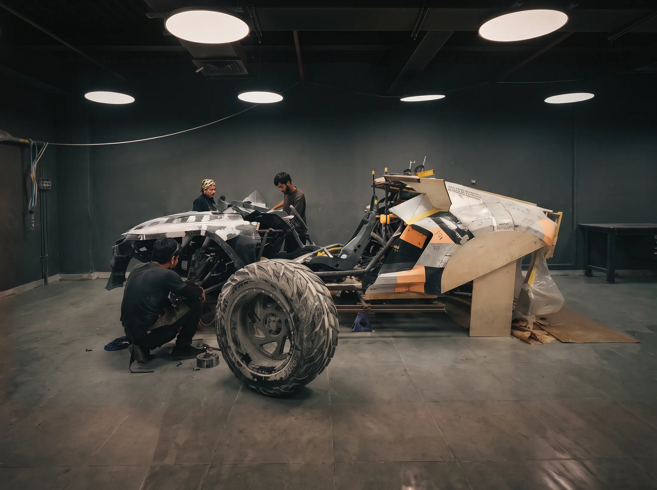 Technicians building the Can-Am buggy's carbon body in the workshop
