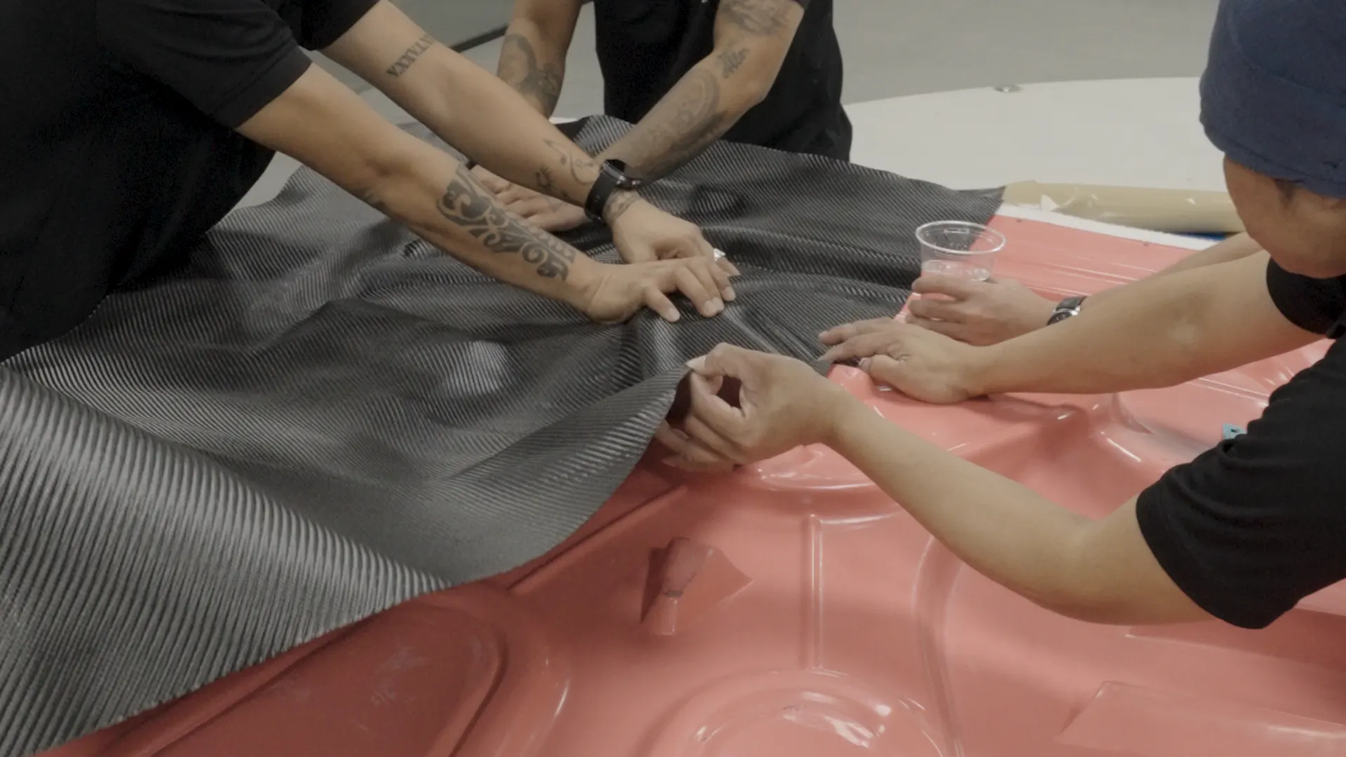 Carbon fibre cloth laid by hand into a mould