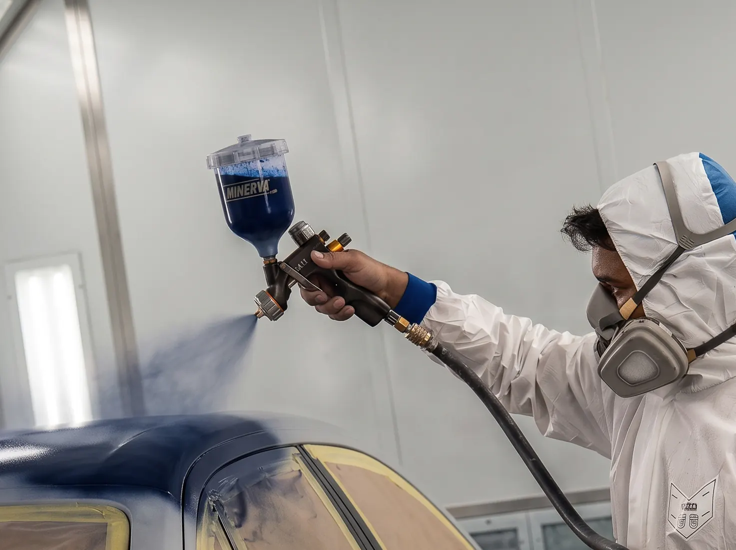 Painter spraying a car body in the paint booth