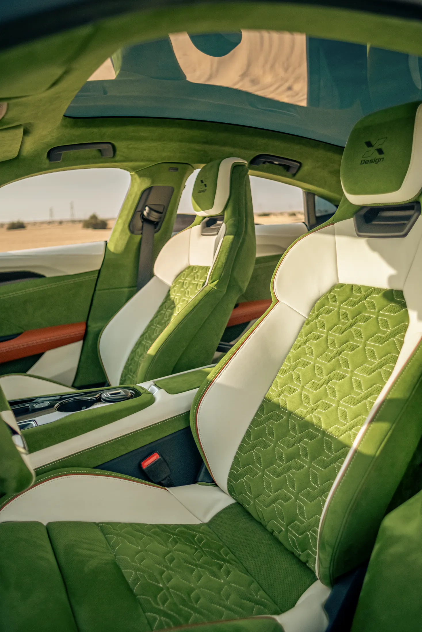 Audi RS e-tron GT front seats, embossed green suede