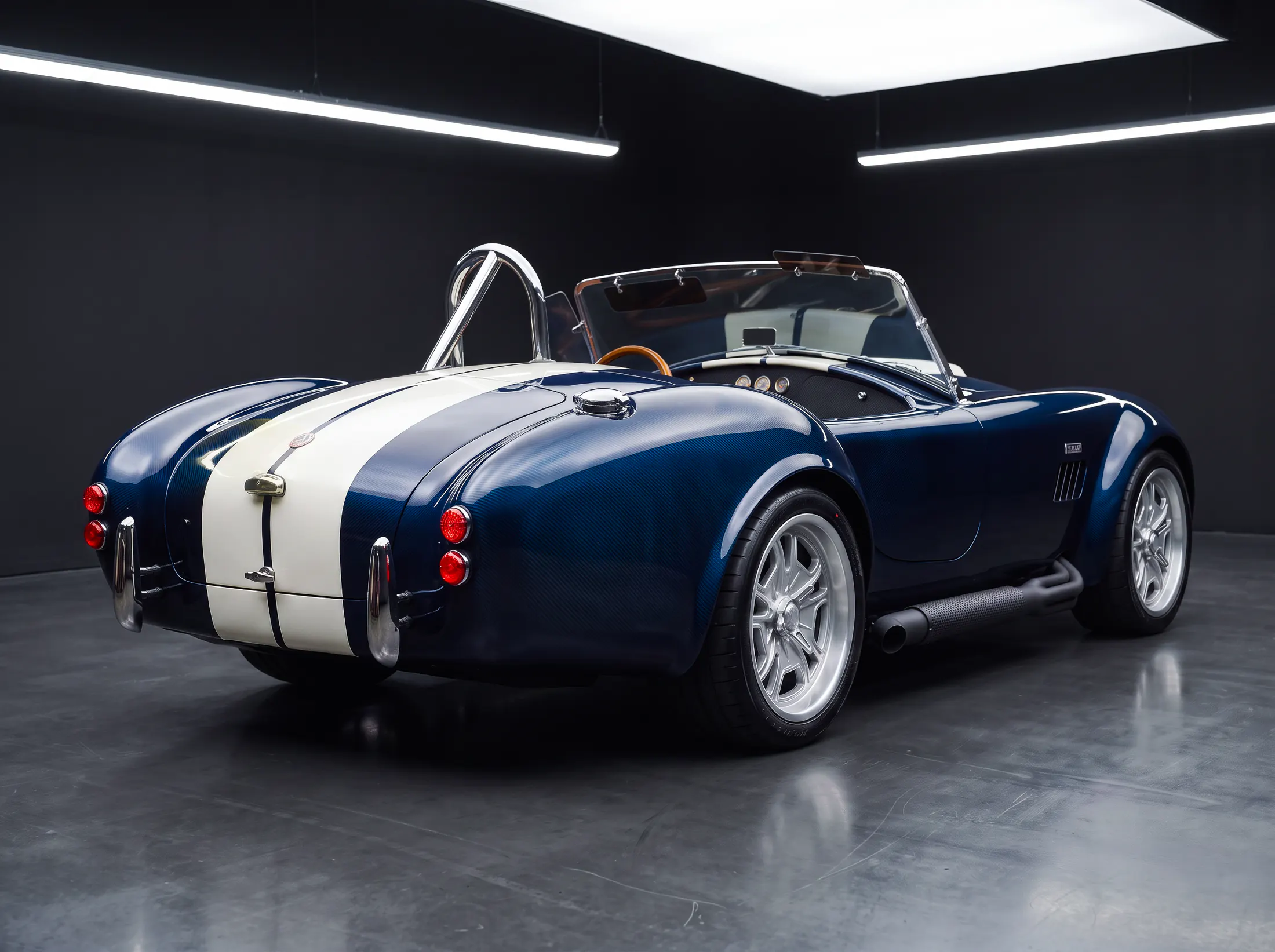 Karbon Kobra, rear three-quarter, blue with white racing stripes